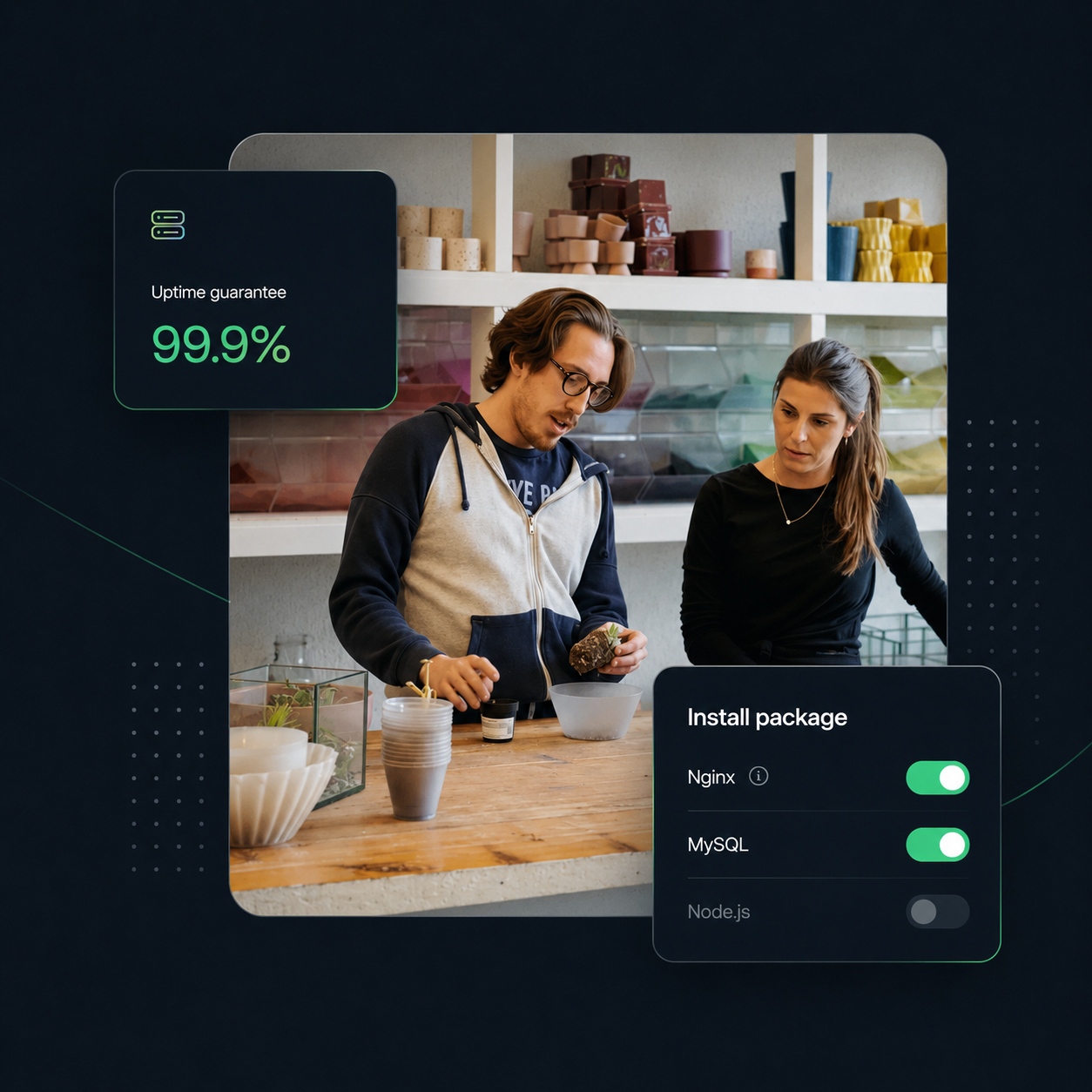 Speed showcase with performance graph and badges for storage, uptime, security and support